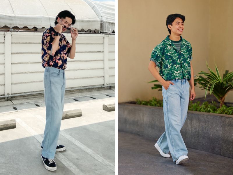 Outfit sơ mi hoa và quần jean suông ống rộng độc đáo