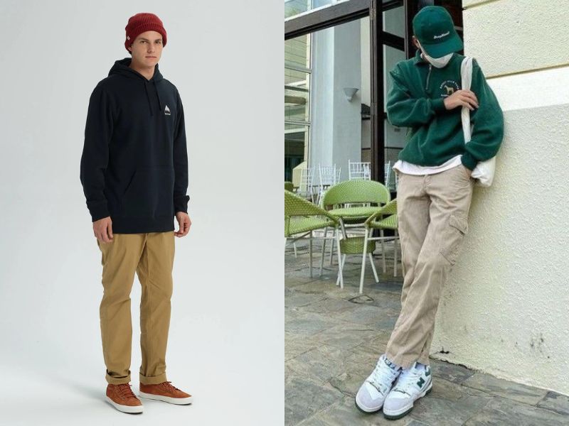 Quần kaki phối với áo hoodie nam cực trẻ trung, đơn giản