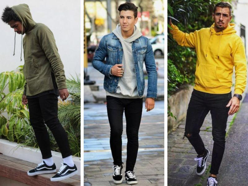 Áo hoodies, quần jean một phong cách phối đồ với giày vans nam được đông đảo cánh mày râu ưa thích