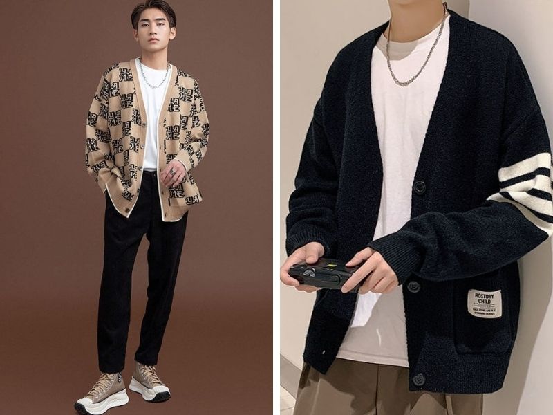 Cardigan phối áo thun trắng basic và quần tây