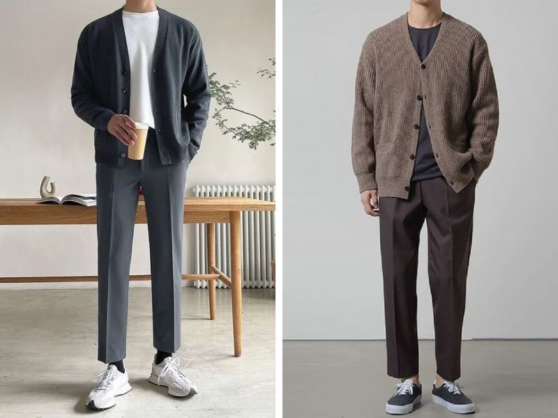 Quần tây nam phối với áo cardigan 