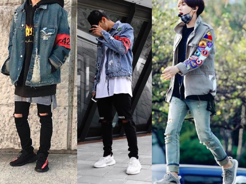 Áo khoác Jeans bụi bặm kết hợp cùng nét độc đáo, cực chất của giày Yeezy 350 nam tạo nên bản phối hoàn hảo cho những chàng trai trẻ hiện đại 