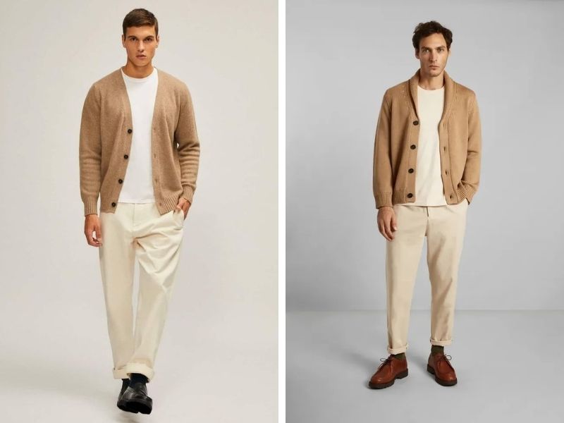 Quần màu be phối với cardigan nâu