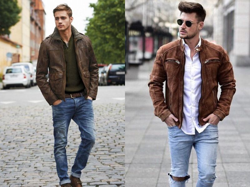 Quần jean/denim phối cùng áo khoác da lộn mang lại vẻ đẹp khỏe khoắn, cá tính