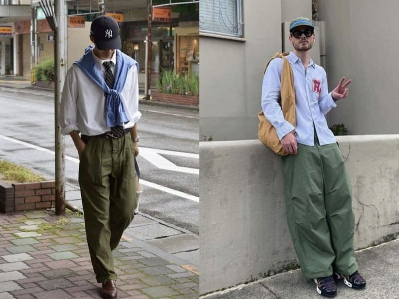 Quần fatigue pants kết hợp cùng áo sơ mi nam tạo nên bộ outfit linh hoạt