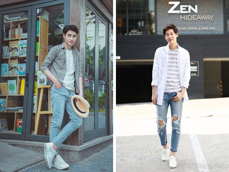 Áo sơ mi khoác ngoài áo thun trơn mix quần jeans rách và giày thể thao