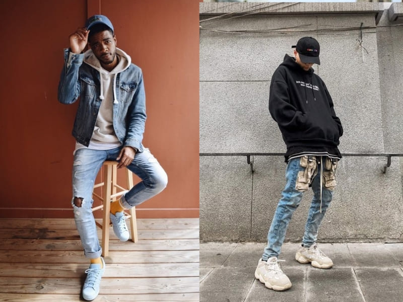 Mix áo khoác nam denim cùng quần jean rách gối nam