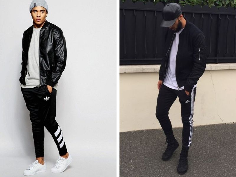 Quần jogger sọc trắng phối với áo khoác bomber