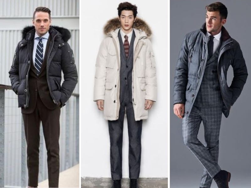 Kết hợp áo phao nam với bộ suit/vest thanh lịch