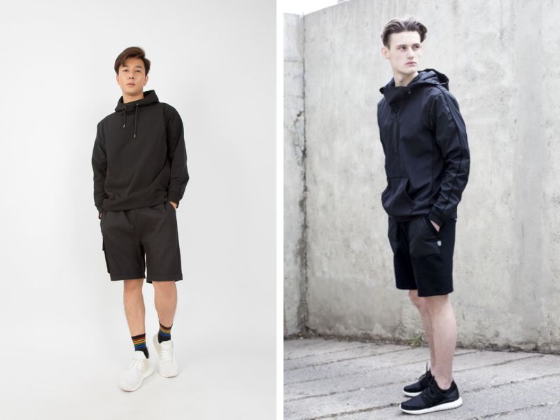 Mix quần short nam đen cùng với áo hoodie