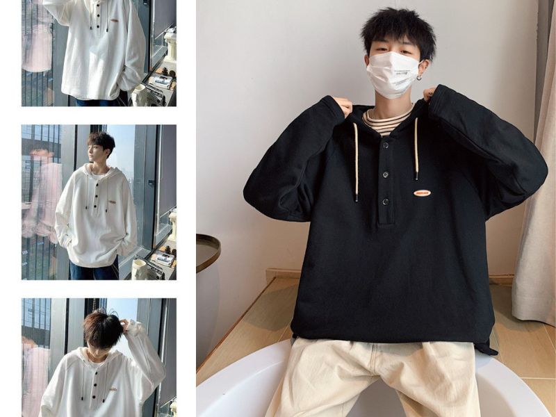 Áo sơ mi hoodie nam phối nửa hàng cúc tạo vẻ đẹp đơn giản mà độc lạ