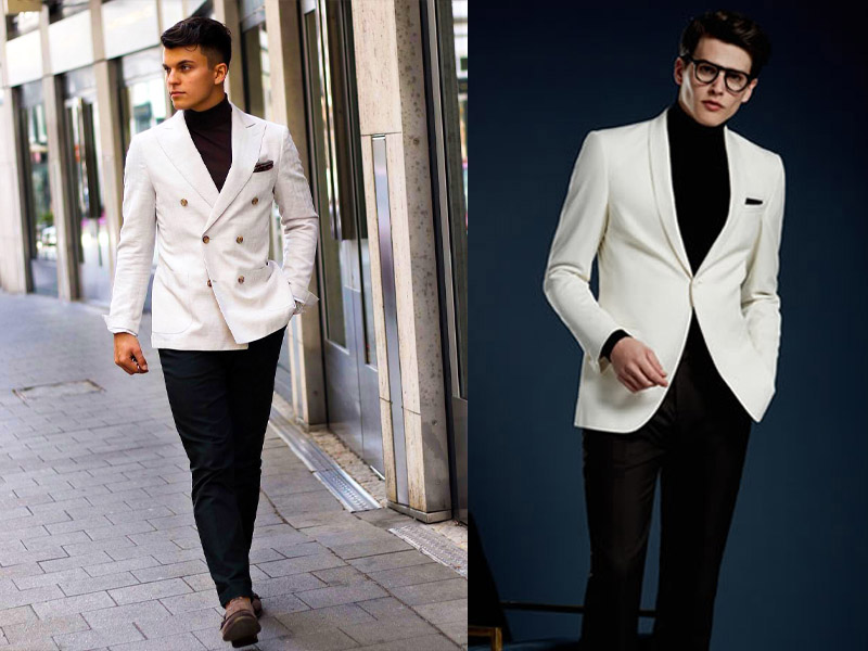 Blazer trắng kết hợp với áo len cổ lọ sẽ giúp giữ ấm cực tốt vào mùa đông, ngoài ra còn giúp cho thân hình của các chàng trở nên đầy đặn hơn, quyến rũ hơn