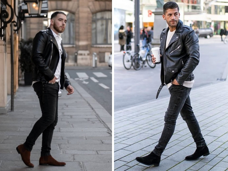 Áo khoác da, quần jeans nam và giày chelsea boot là outfit hoàn hảo cho chàng