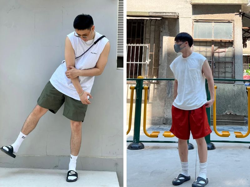 Mix áo tanktop trắng với quần short kaki và dép quai ngang