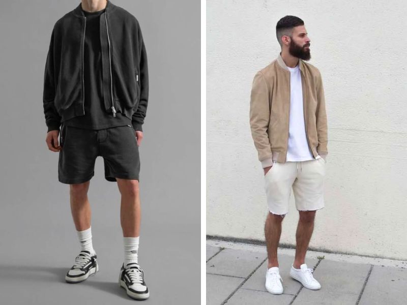 Phối quần short nam qua đầu gối với áo bomber