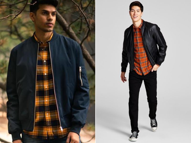 Phối đồ với áo flannel nam cùng áo khoác bomber