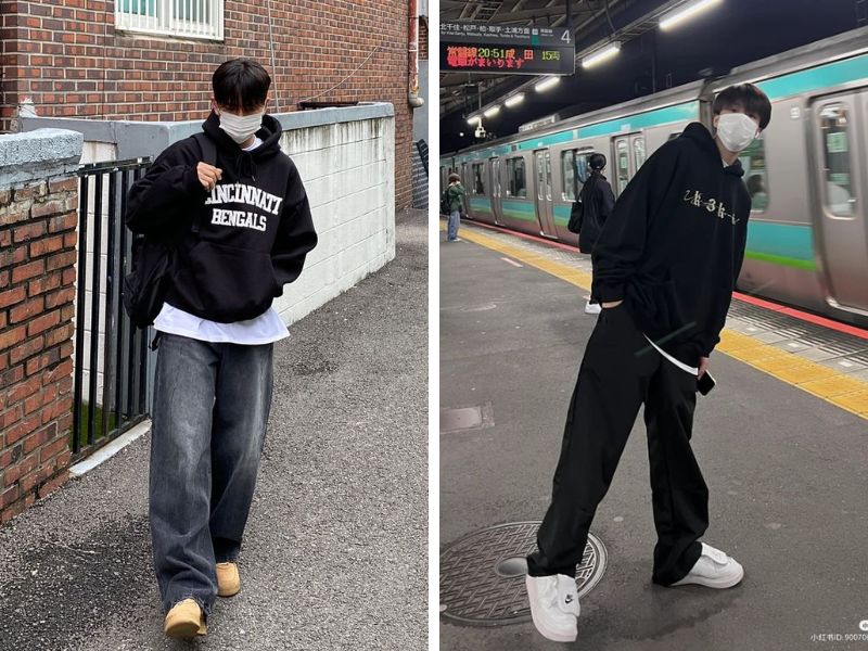 Mix quần ống rộng đen với áo hoodie 