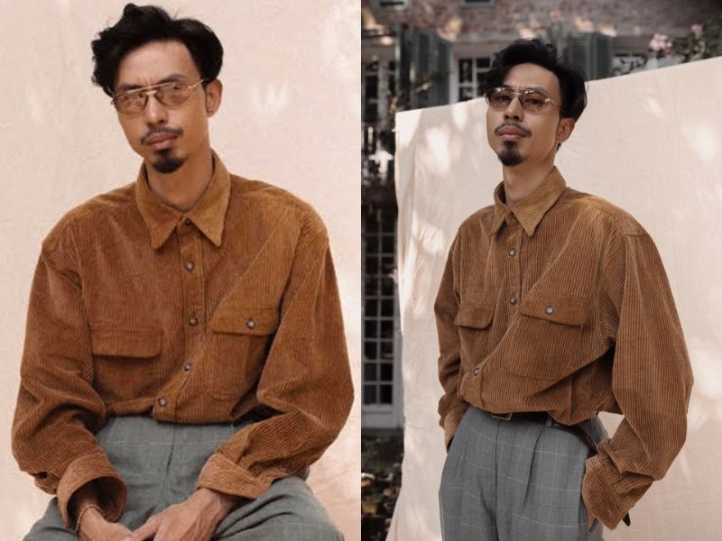 Phối đồ vintage nam bằng áo sơ mi nhung oversize 