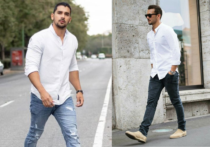 Áo sơ mi trắng cổ đức phối với quần jean là bộ trang phục smart casual đơn giản nhưng vẫn giữ được sự thời trang và nam tính