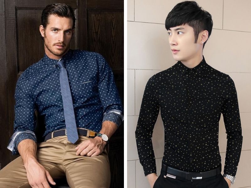 Men'S Polka Dot Shirt With Small Floral Pattern