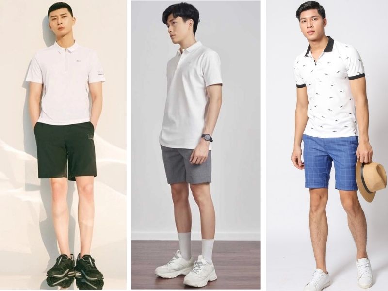 Áo Polo trắng nam phối với quần short âu