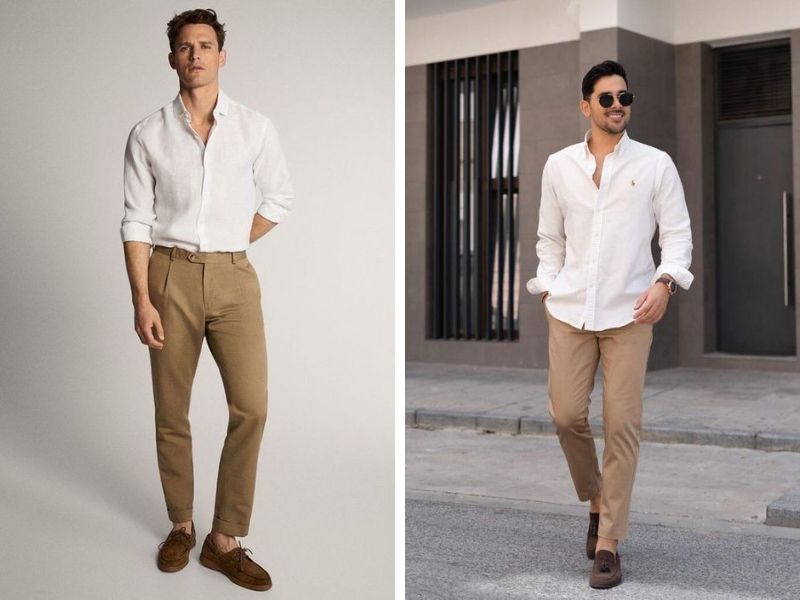 Simple Combination Of Men'S Latte-Colored Trousers With White Shirt 