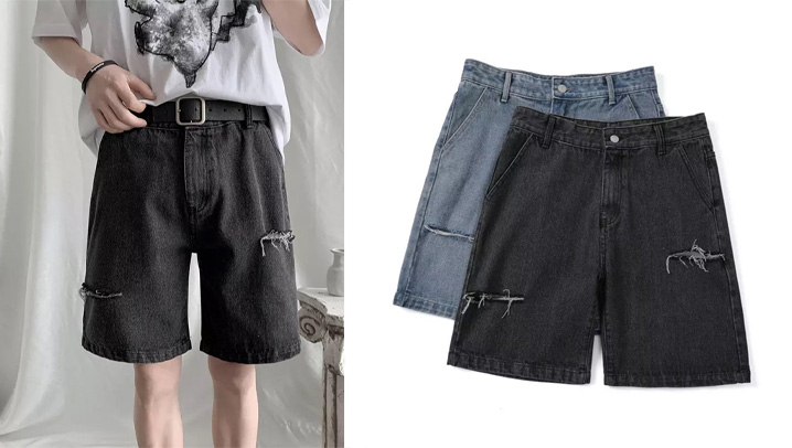 Quần short jean đen có hiệu ứng rách nhẹ làm tăng sự cá tính cho người mặc