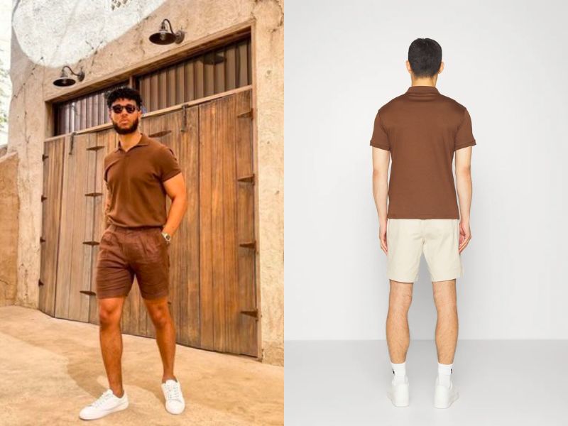 Kết hợp polo nâu và quần short giúp chàng trai trở nên năng động, trẻ trung hơn