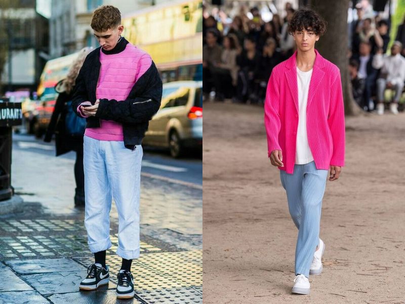 Quần xanh màu thiên thanh phối với áo blazer/sweater hồng