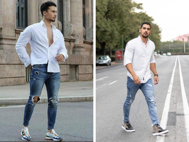 Phối quần jean cho người lùn nam với áo sơ mi trắng  
