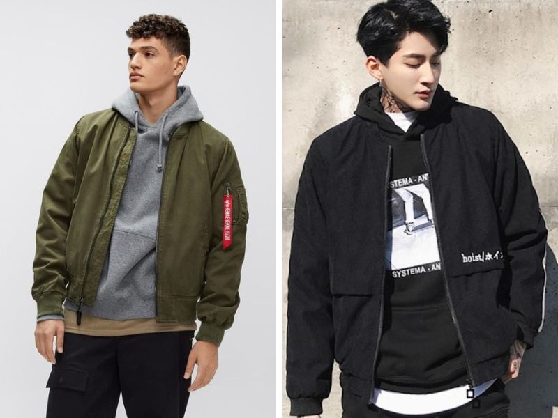 Phối kaki bomber với hoodie và quần jean