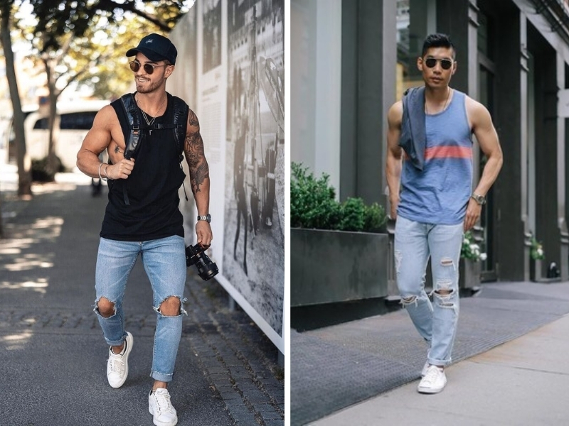 Diện áo tank top cùng quần jeans rách khoe thân hình săn chắc