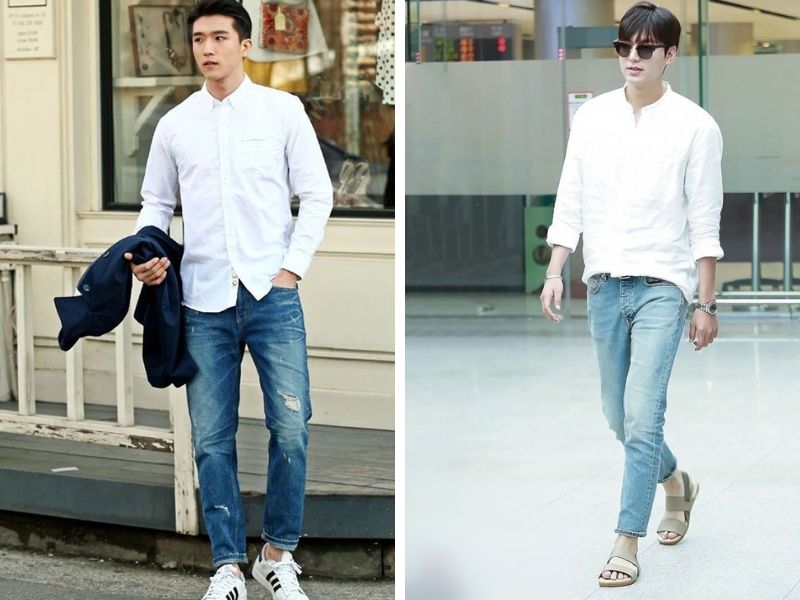 Áo sơ mi cổ trụ phối cùng quần jeans