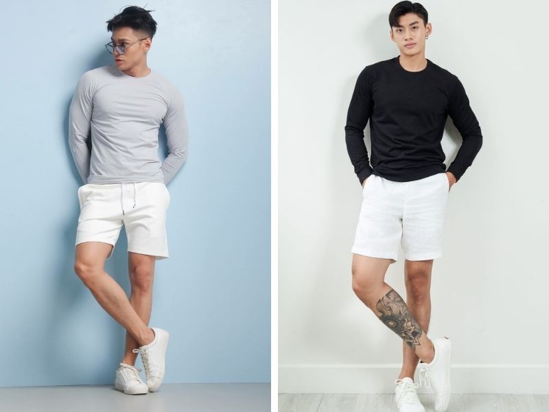 Áo thun dài tay cổ tròn phối quần short