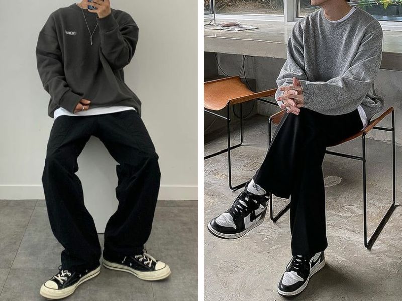Mix quần ống rộng đen với áo sweater