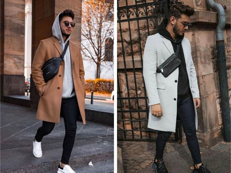 Phối áo trench coat nam với túi đeo chéo và kính mát   