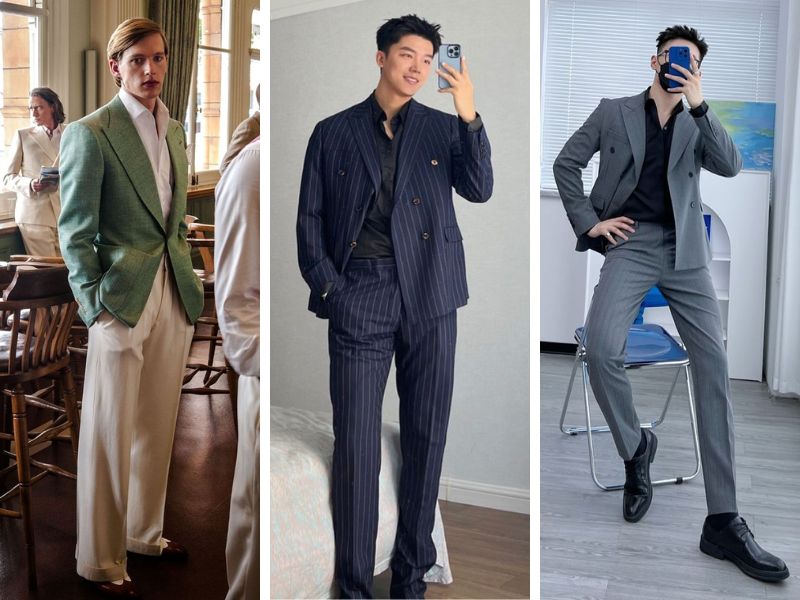 Áo thun phối áo blazer và quần ống rộng nam