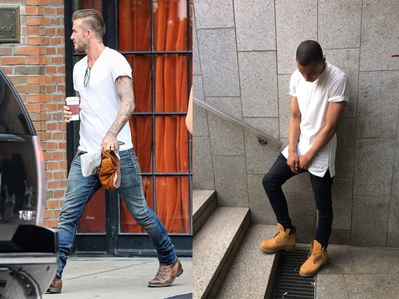 Outfit quốc dân này khi đi cùng với đôi giày timberland sẽ khiến cho các chàng trai trở nên bụi bặm nhưng không kém phần thoải mái và cá tính