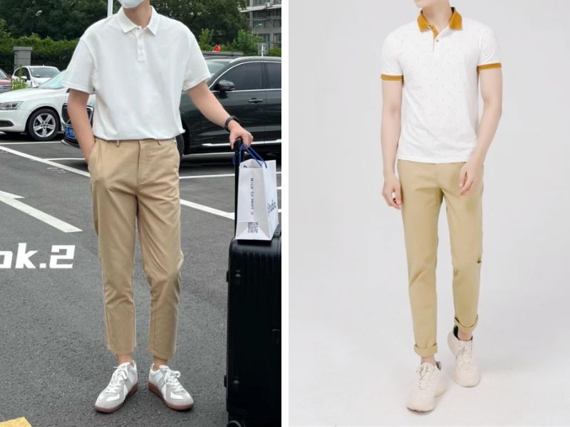 Quần baggy kaki nam màu be phối áo polo