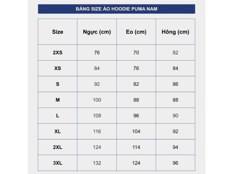 Bảng size hoodie nam Puma