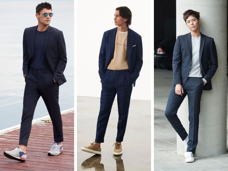 Phối giày sneaker trắng và bộ suit lịch lãm