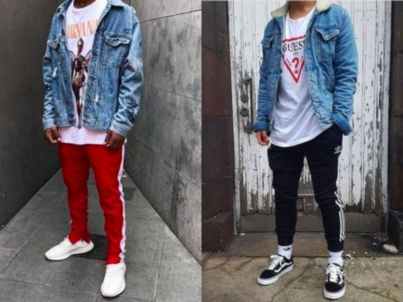 Quần thể thao 3 sọc nam phối với áo khoác denim cực chất 