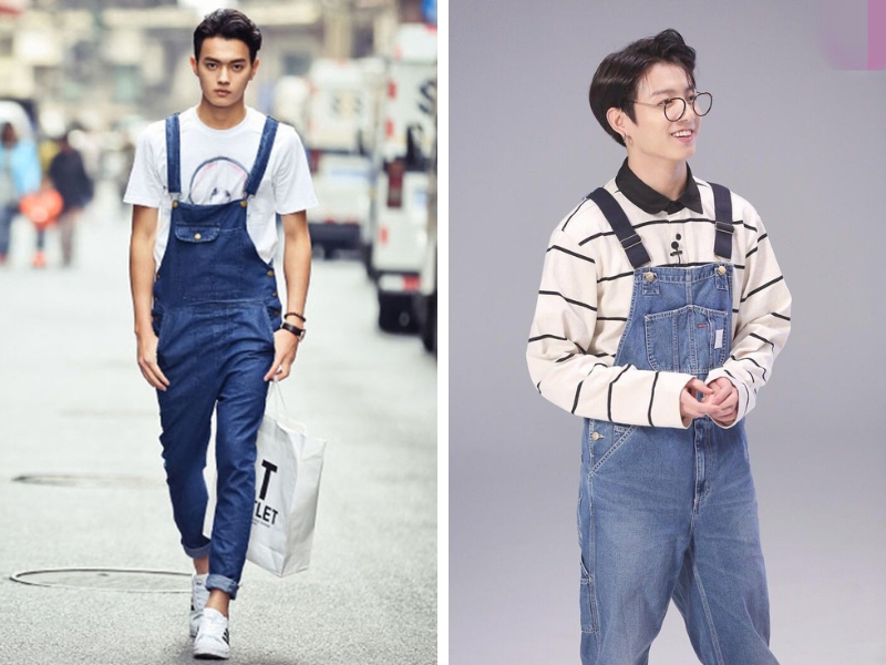 Mix quần yếm nam cùng áo sơ mi theo phong cách vintage cho người lùn