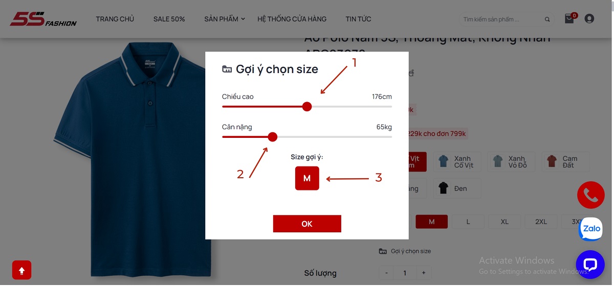 Chọn size quần áo nam bằng công cụ online tại website 5S Fashion