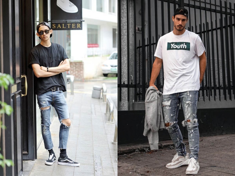 Phối đồ nam đi du lịch mùa hè với áo phông với quần jeans rách gối