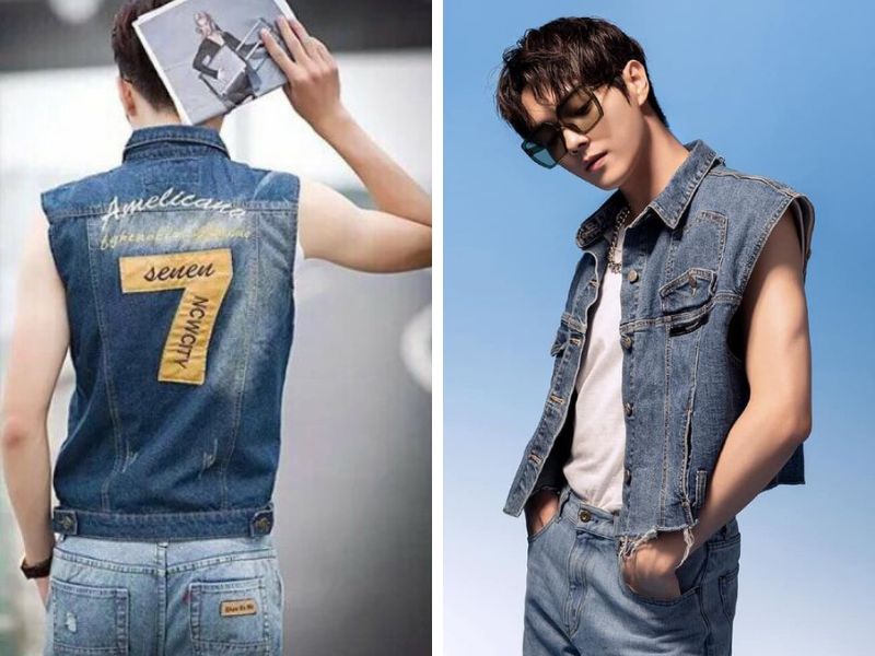 Áo gile jean nam phối với áo tank top cùng quần jean năng động