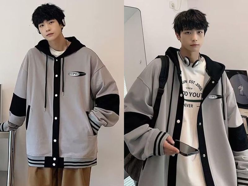 Áo sơ mi hoodie nam cúc bấm phối màu ghi - đen trẻ trung, năng động