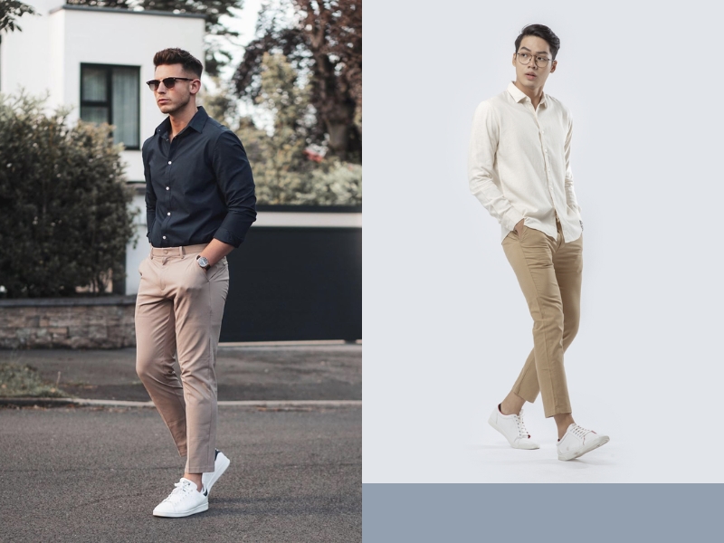 Phối quần chinos màu beige với áo sơ mi