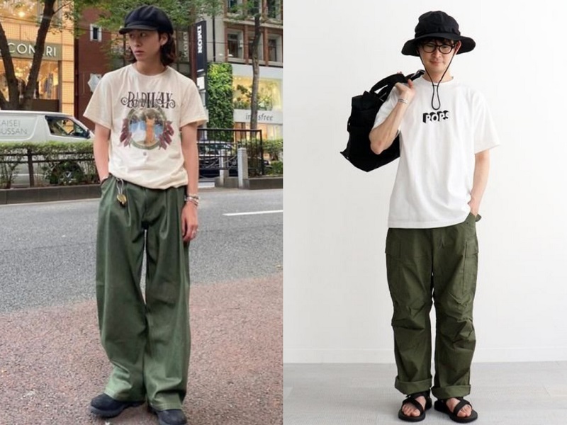 Một trong những cách phối đồ với fatigue pants chính là kết hợp với áo thun nam