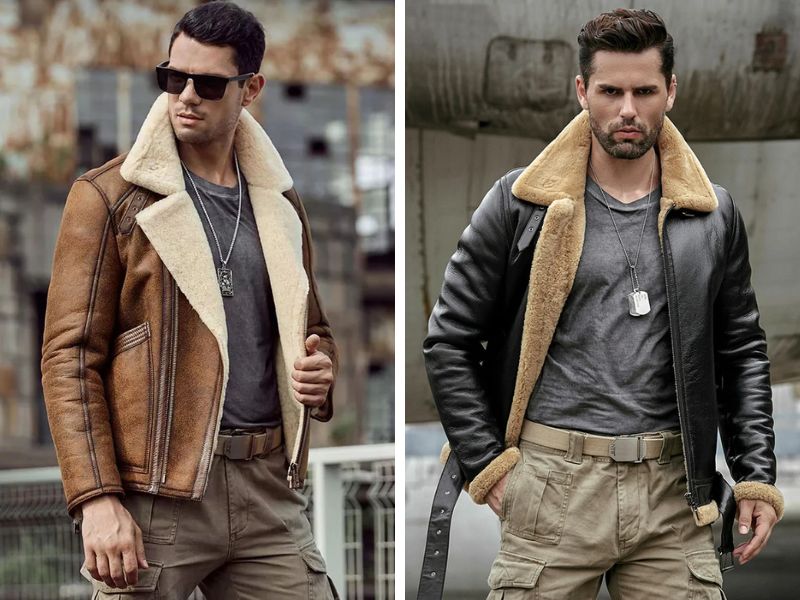 Shearling jacket phối áo thun và quần kaki